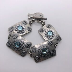 Vtg AVGAD Floral Silver Plated Blue Rhinestone Flower Panel Bracelet 7.5”